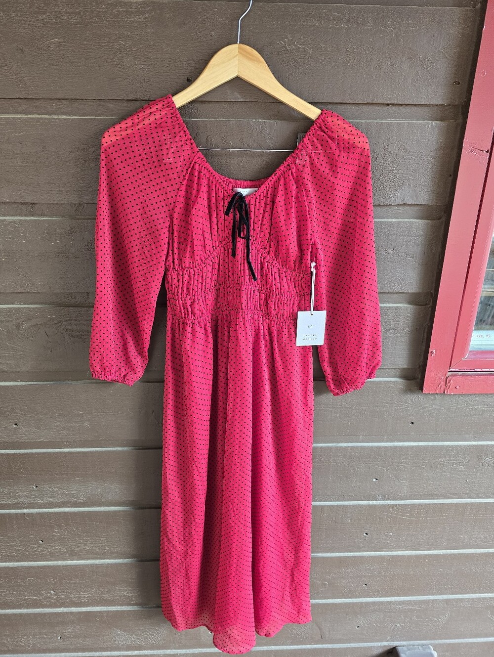 NWT LC Lauren Conrad Red Holiday Polka Dot Smocked Midi Dress Velvet Bow XS